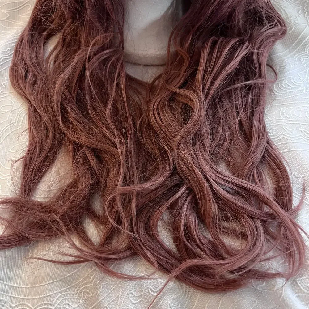 Long Wavy Rose Pink Dark Roots Ombre Balayage Everyday Cosplay Wig Trimmed bangs